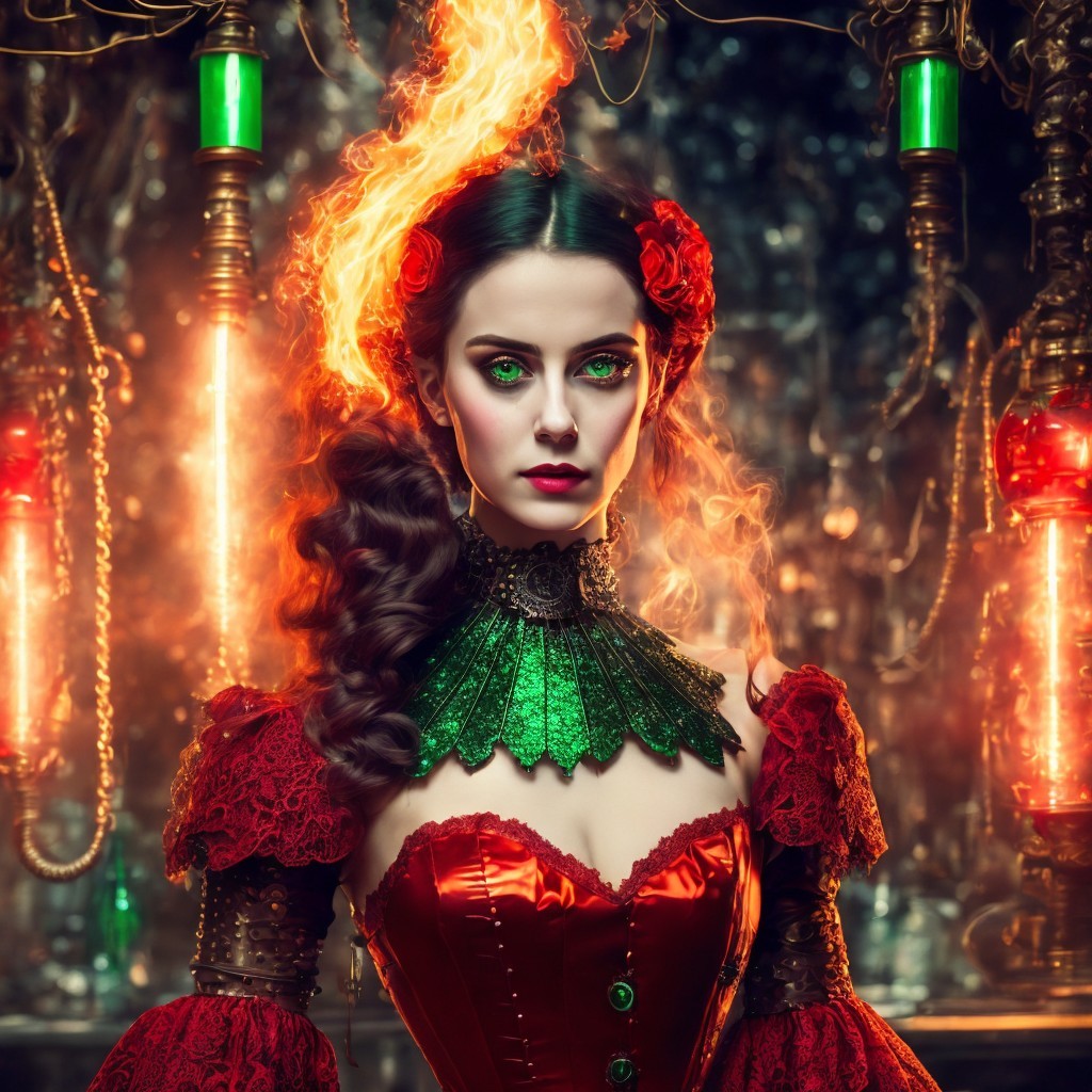 Woman in Red Dress in Mystical Flame Setting