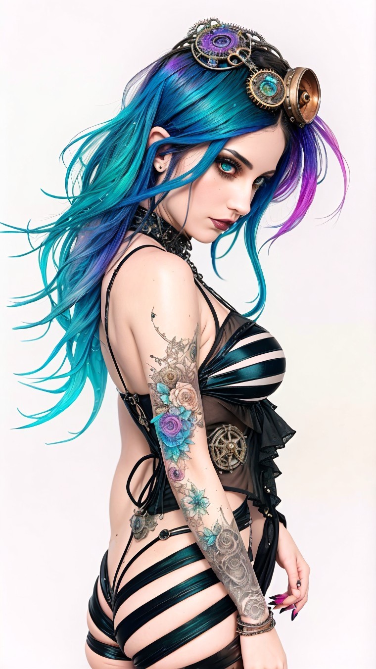 Profile of a figure with blue and purple hair and tattoos