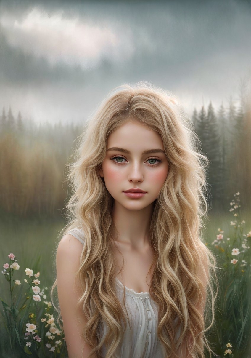 Serene Portrait of a Young Woman in a Misty Forest