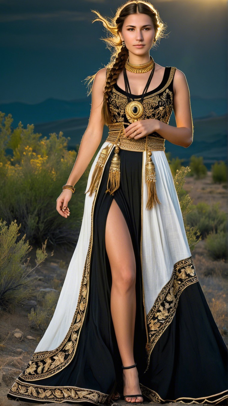 Model in Black and White Gown with Gold Embroidery