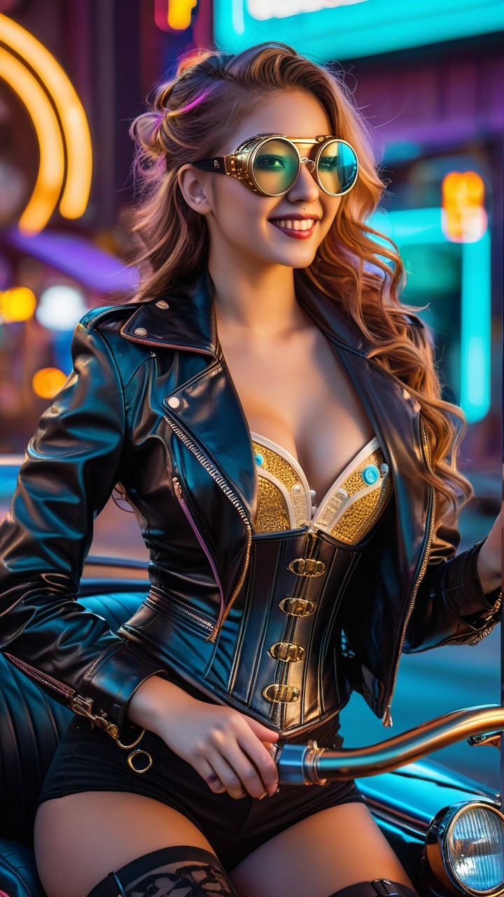Young woman on vintage motorcycle in stylish attire