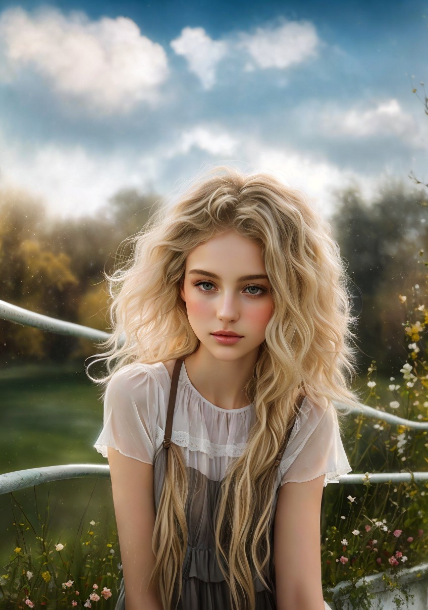 Young girl in serene landscape with fluffy clouds