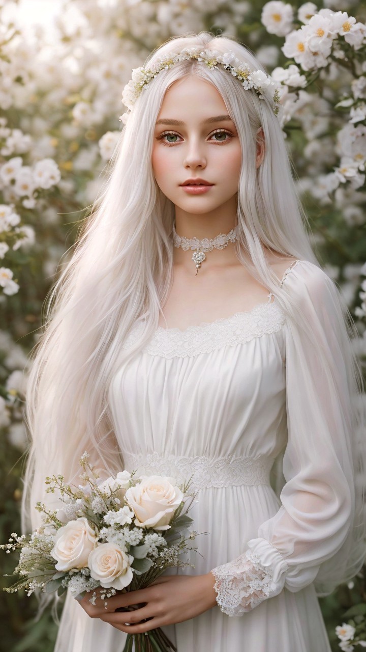 Young woman in white gown among blooming flowers