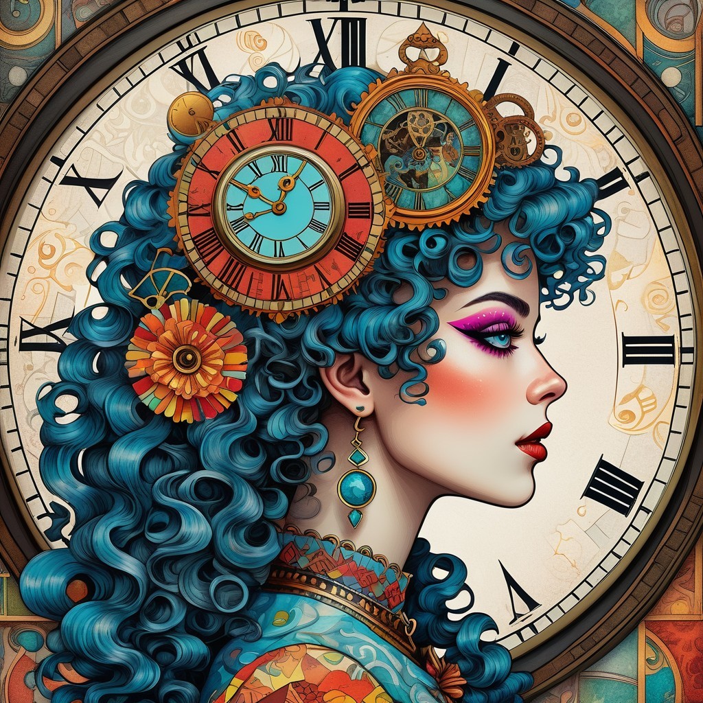 Illustration of a Woman with Turquoise Curls and Clocks