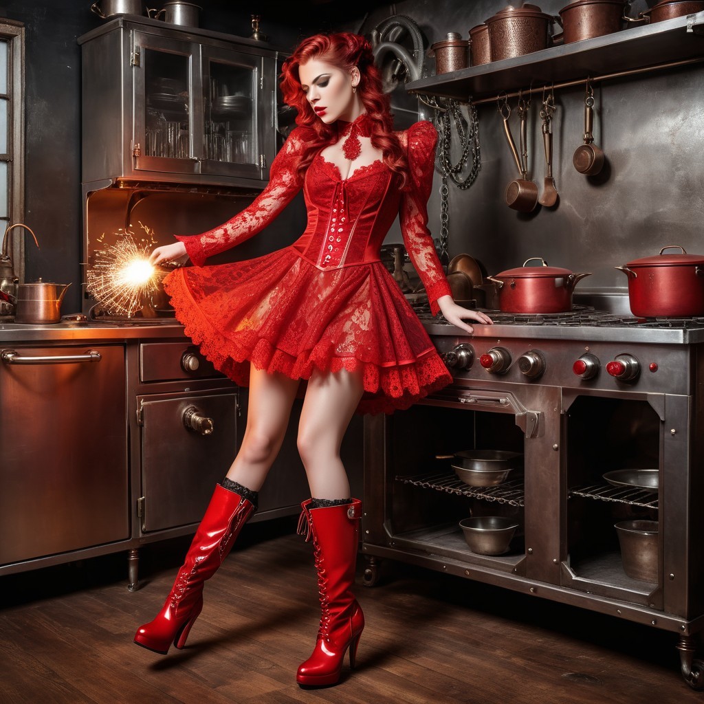 Vintage Kitchen Scene with Woman in Red Dress