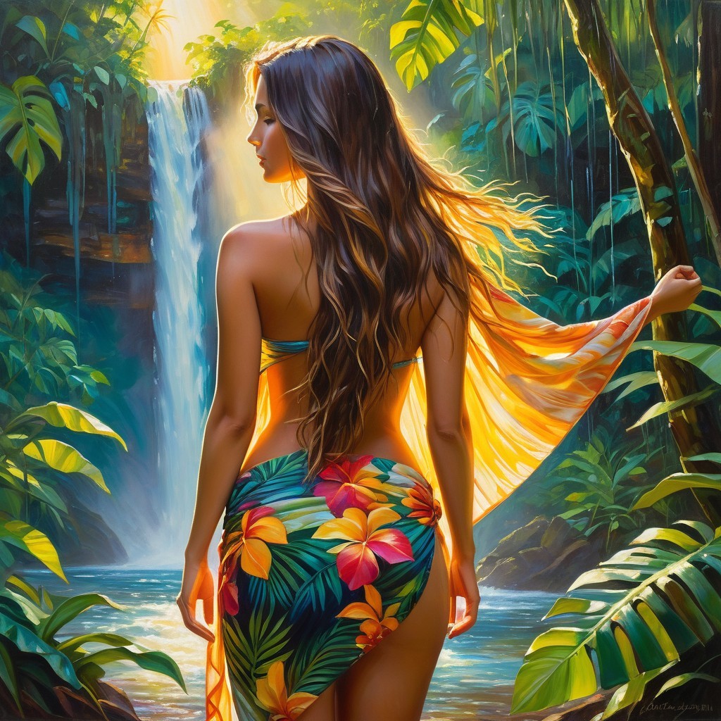 Woman in Colorful Bikini by Tropical Waterfall
