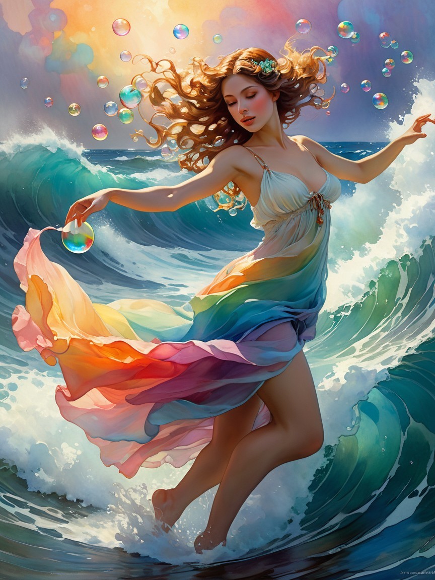 Woman in Rainbow Dress Dances Amidst Ocean Waves