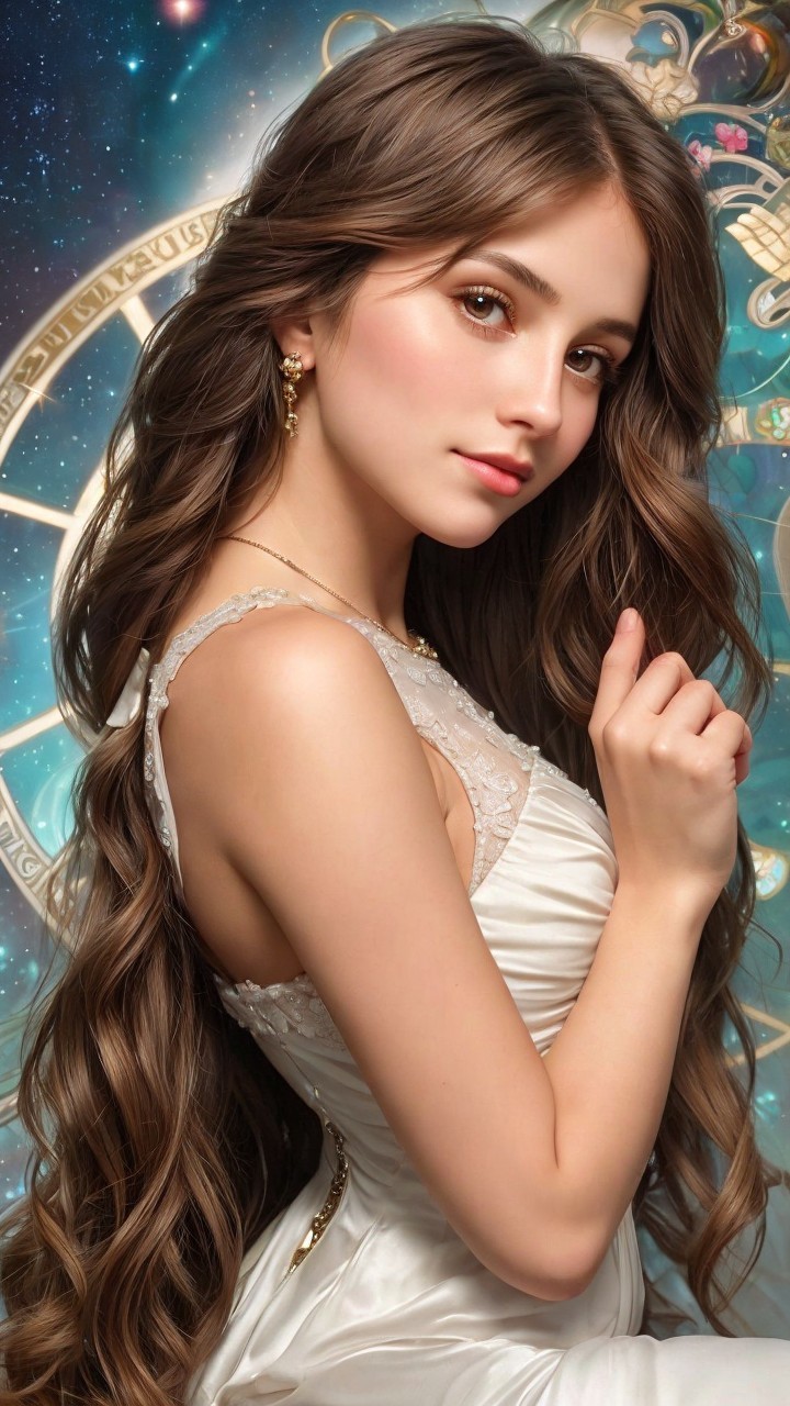 Young Woman in Elegant Dress Against Cosmic Background