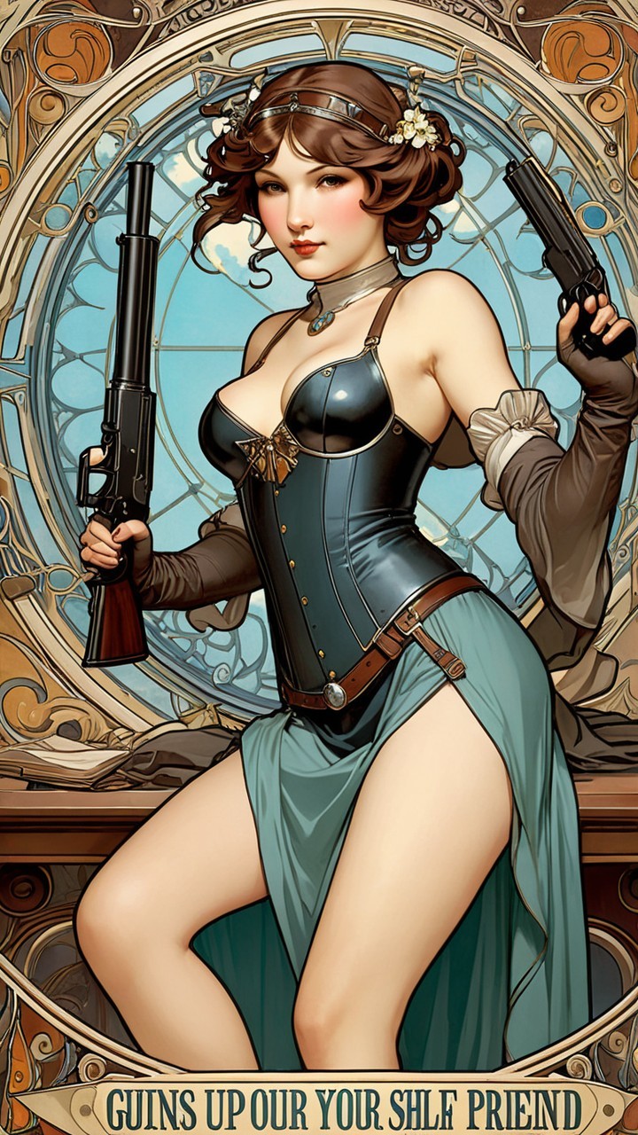 Confident Woman in Vintage Steampunk Attire with Firearms