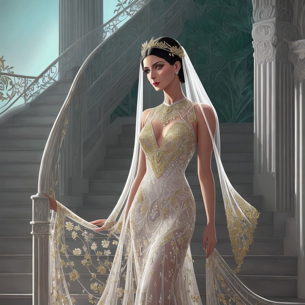 Elegant Woman on Grand Staircase in Embroidered Gown