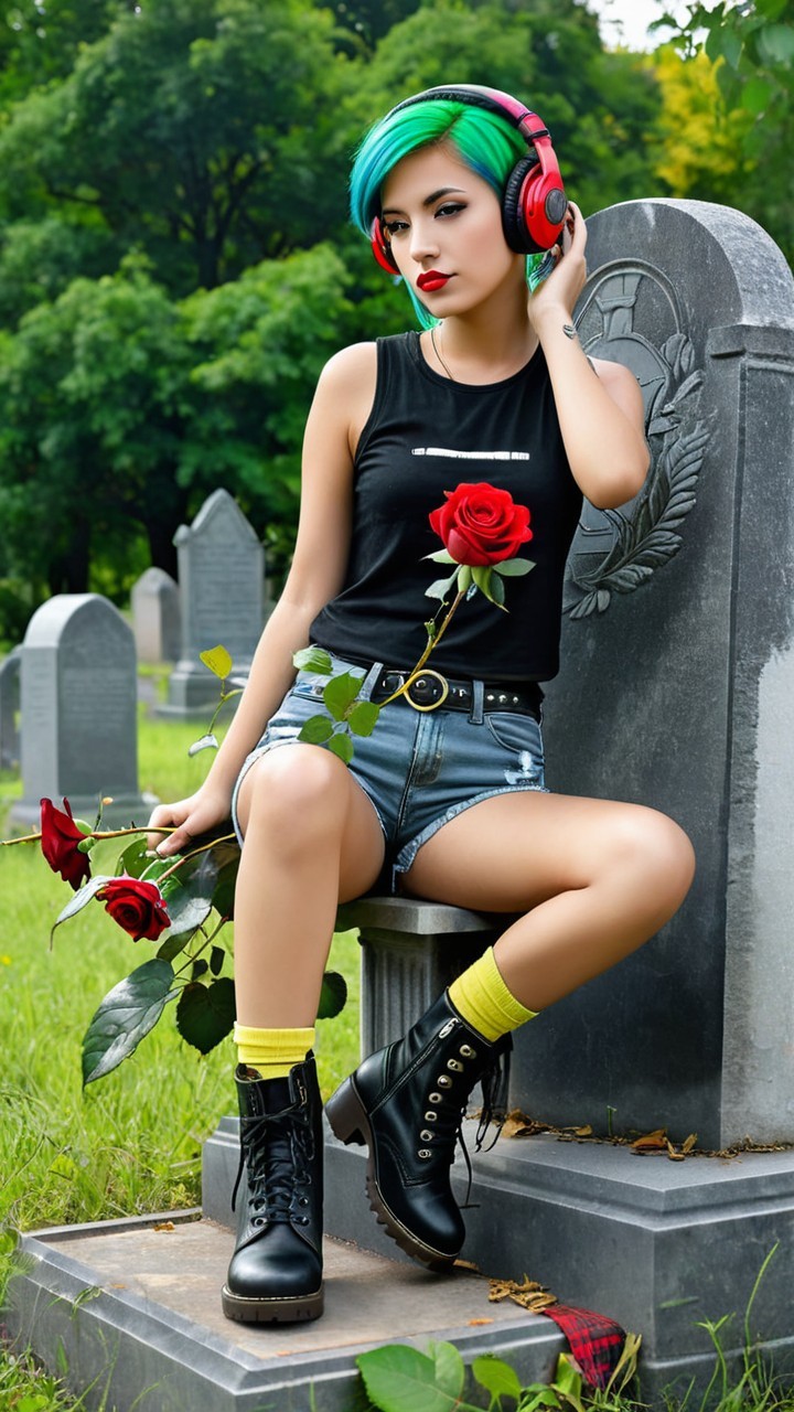 Woman with colorful hair sitting by gravestones