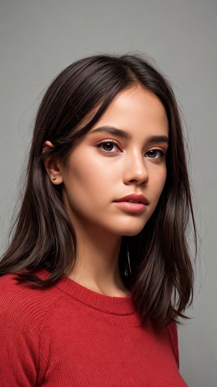 Young woman in red sweater with polished look