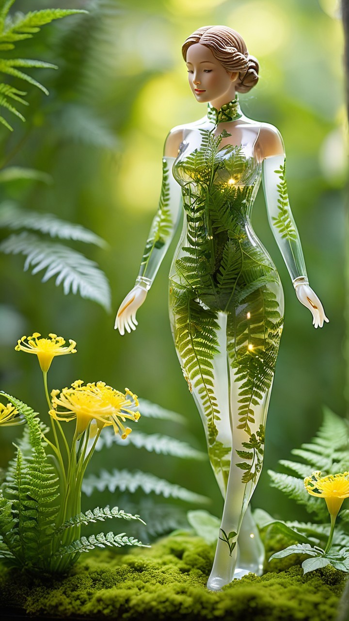 Whimsical Woman Blended with Lush Flora and Ferns