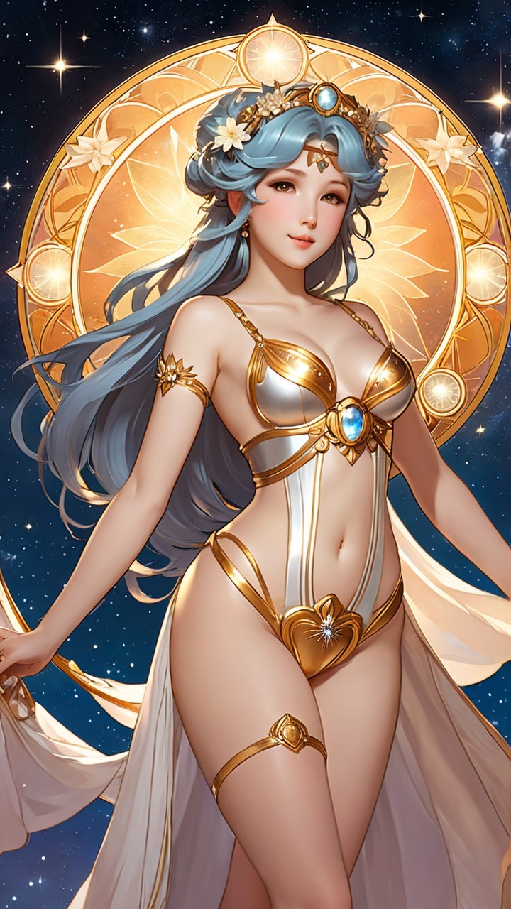 Goddess Figure with Cosmic Backdrop and Golden Accessories