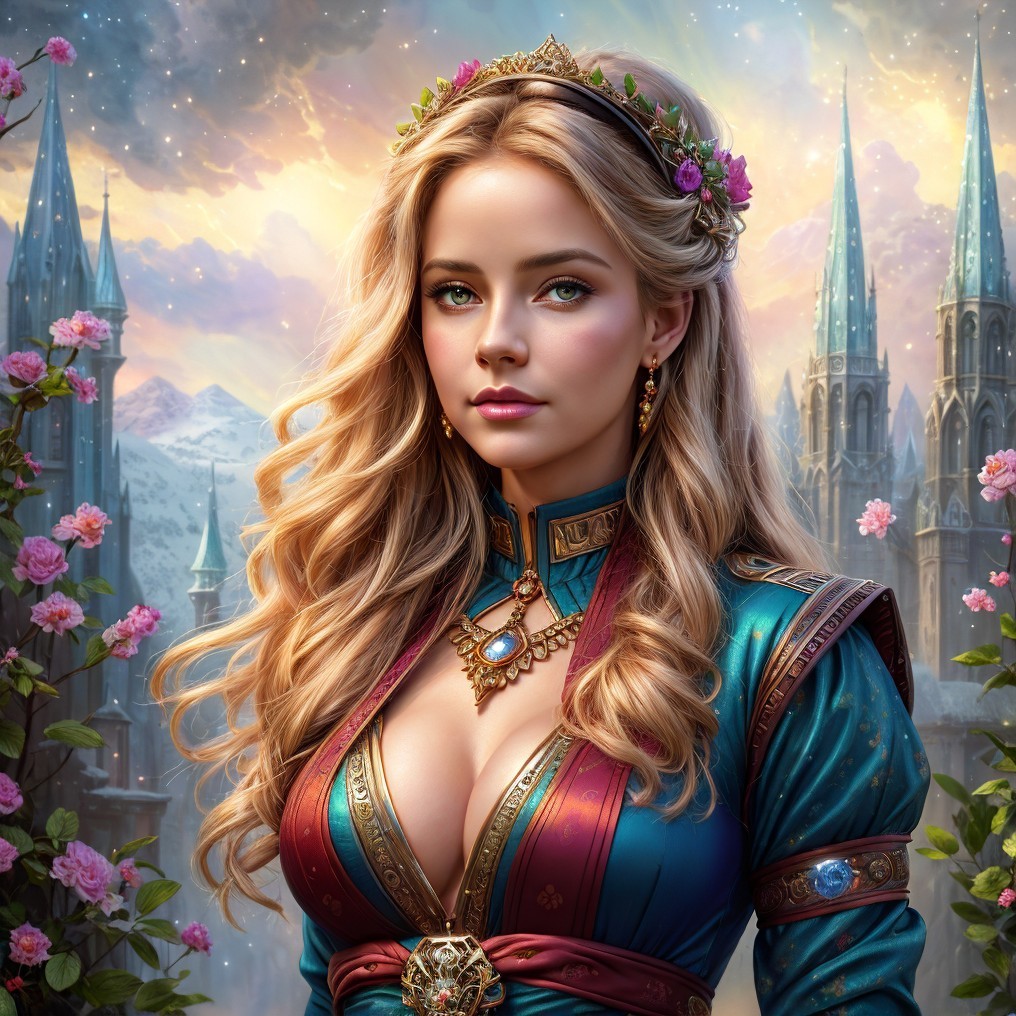 Regal figure in enchanted landscape with castles and roses