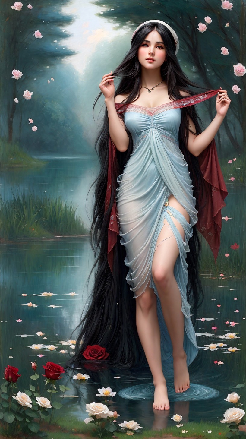 Anime-style woman in a blue dress on water with flowers