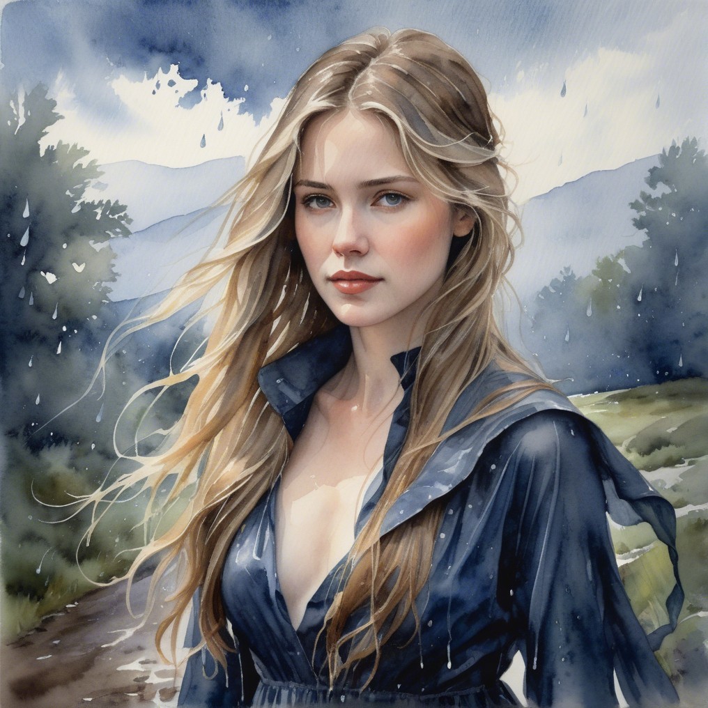 Young woman in blue dress in serene outdoor setting