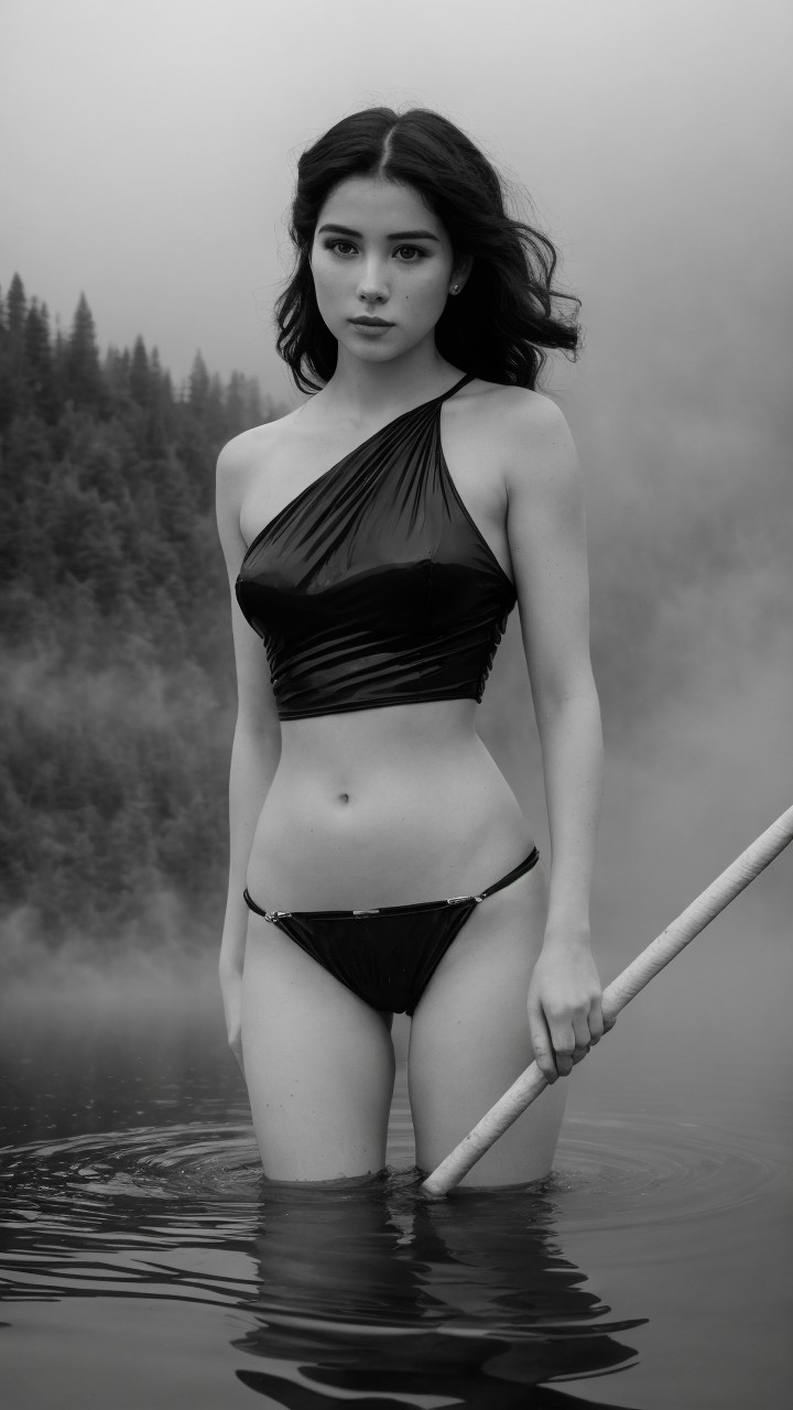 Black-and-white portrait of a woman in shallow water
