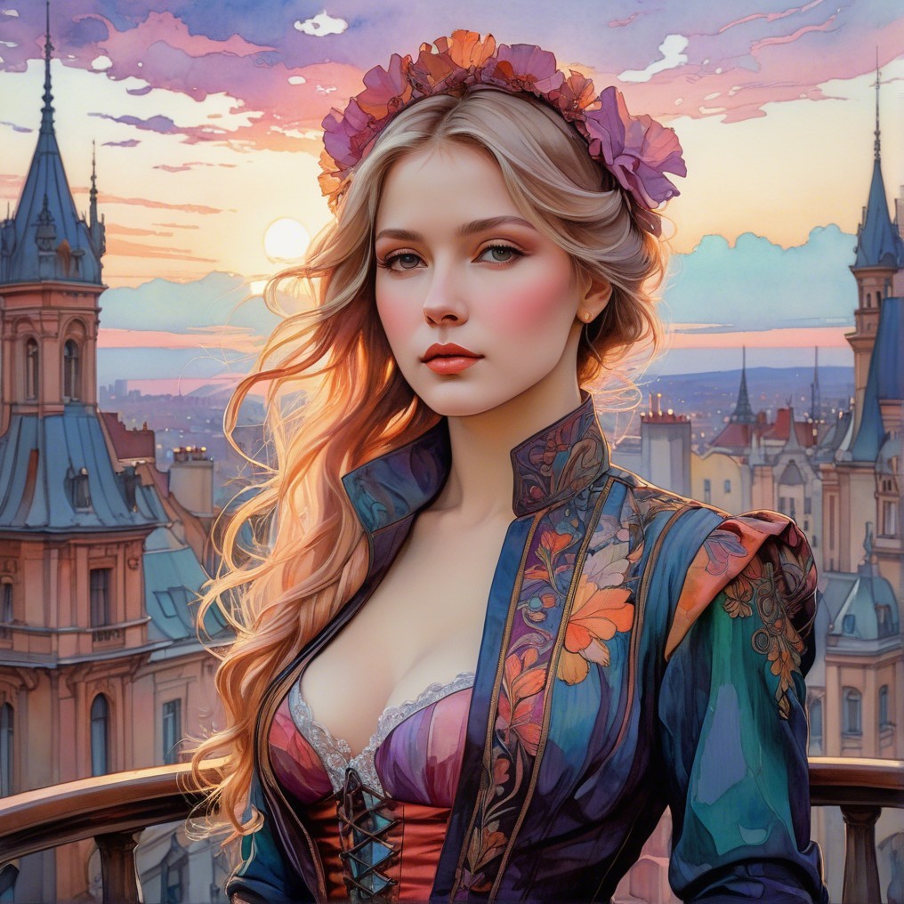 Woman in Colorful Dress on Balcony at Sunset