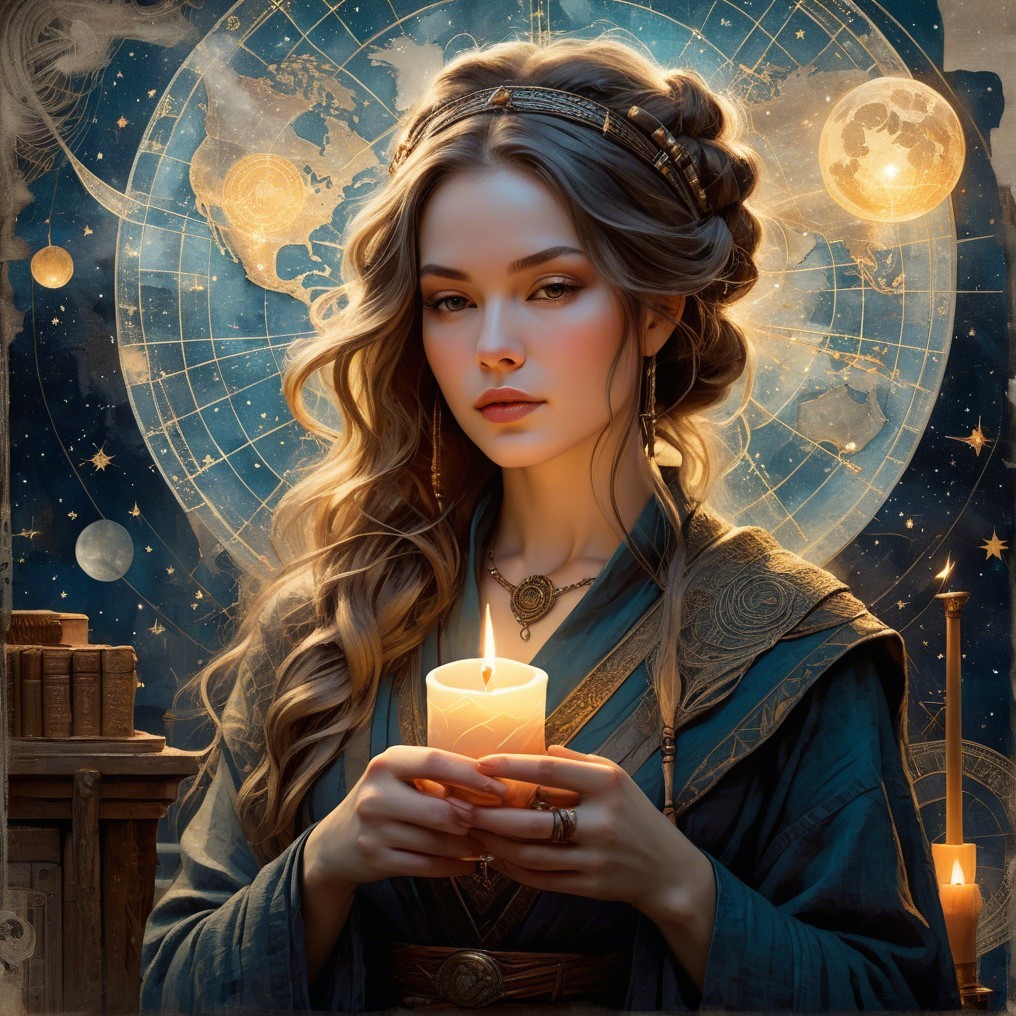 Young woman with candle in celestial setting