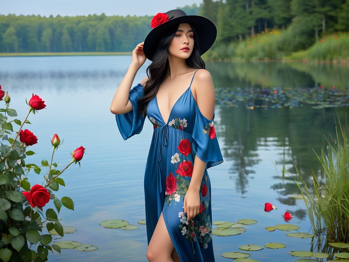 Young Woman in Blue Satin Dress by Serene Lake