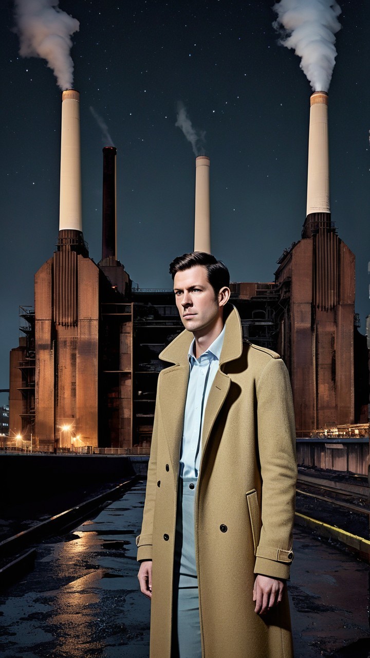 Stylish Man in Tan Coat Against Industrial Night Sky