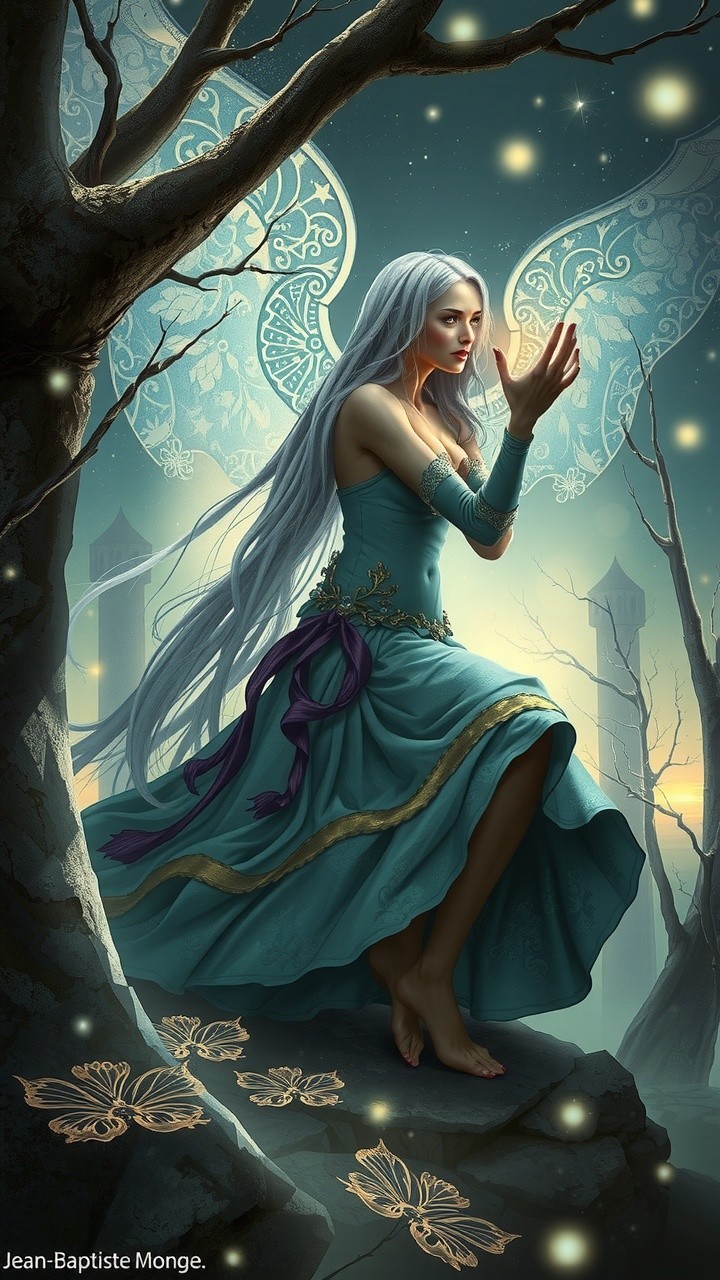 Fairy with Silver Hair in Misty Forest Setting