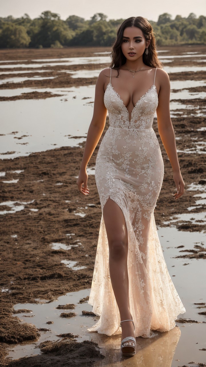 Woman in fitted lace gown walking through reflective water