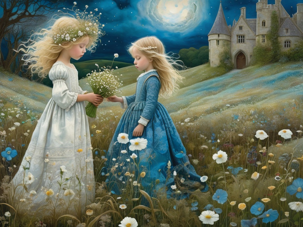 Dreamy Moonlit Landscape with Girls and Castle