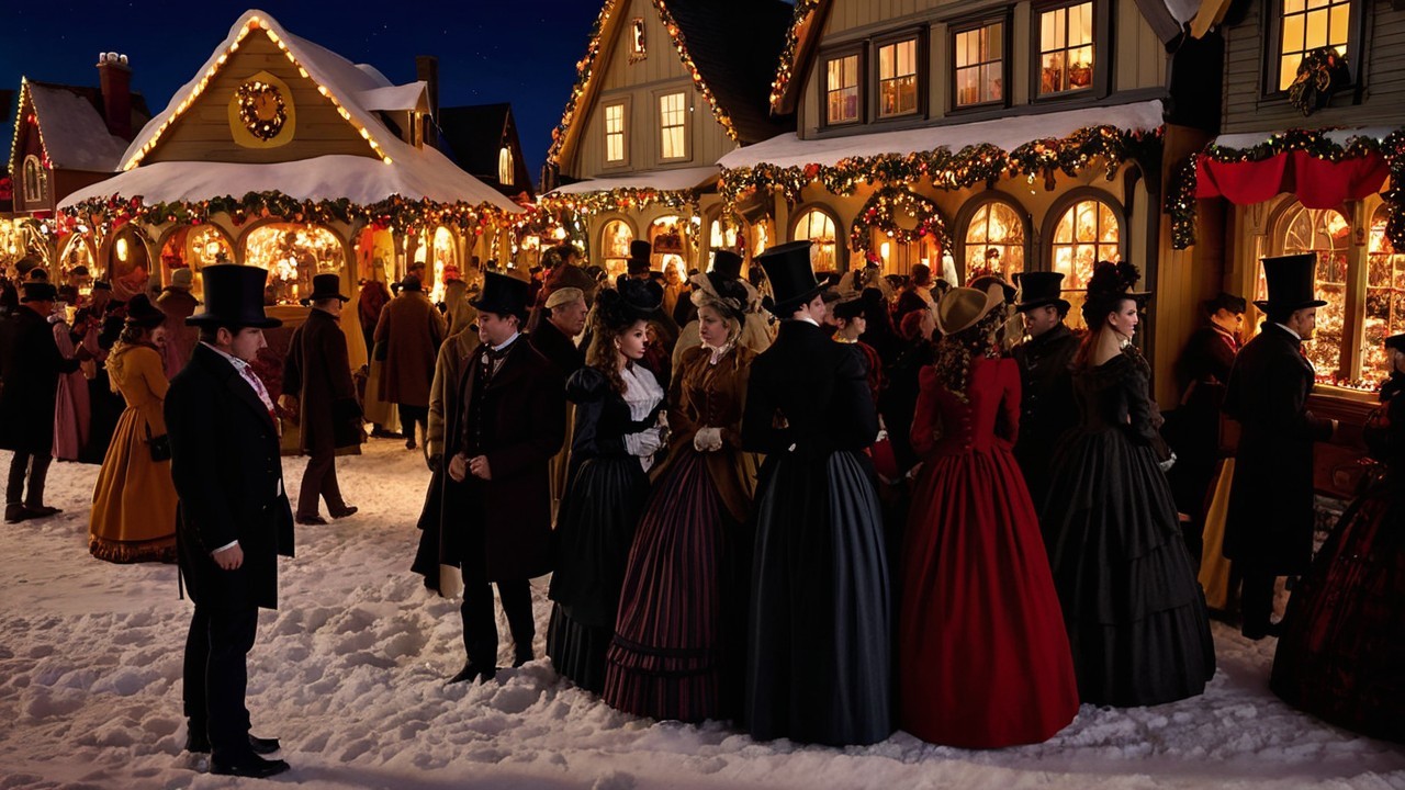 Charming Village Winter Scene with Holiday Decorations