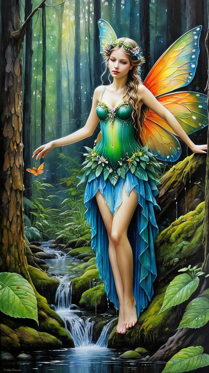 Fairy in Serene Forest with Vibrant Wings and Stream