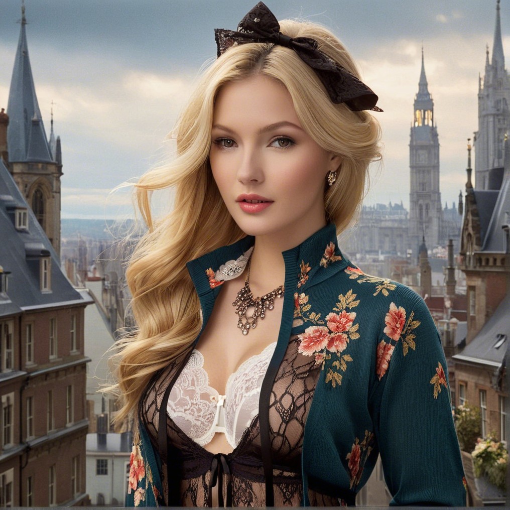 Young woman in teal jacket poses by historical towers