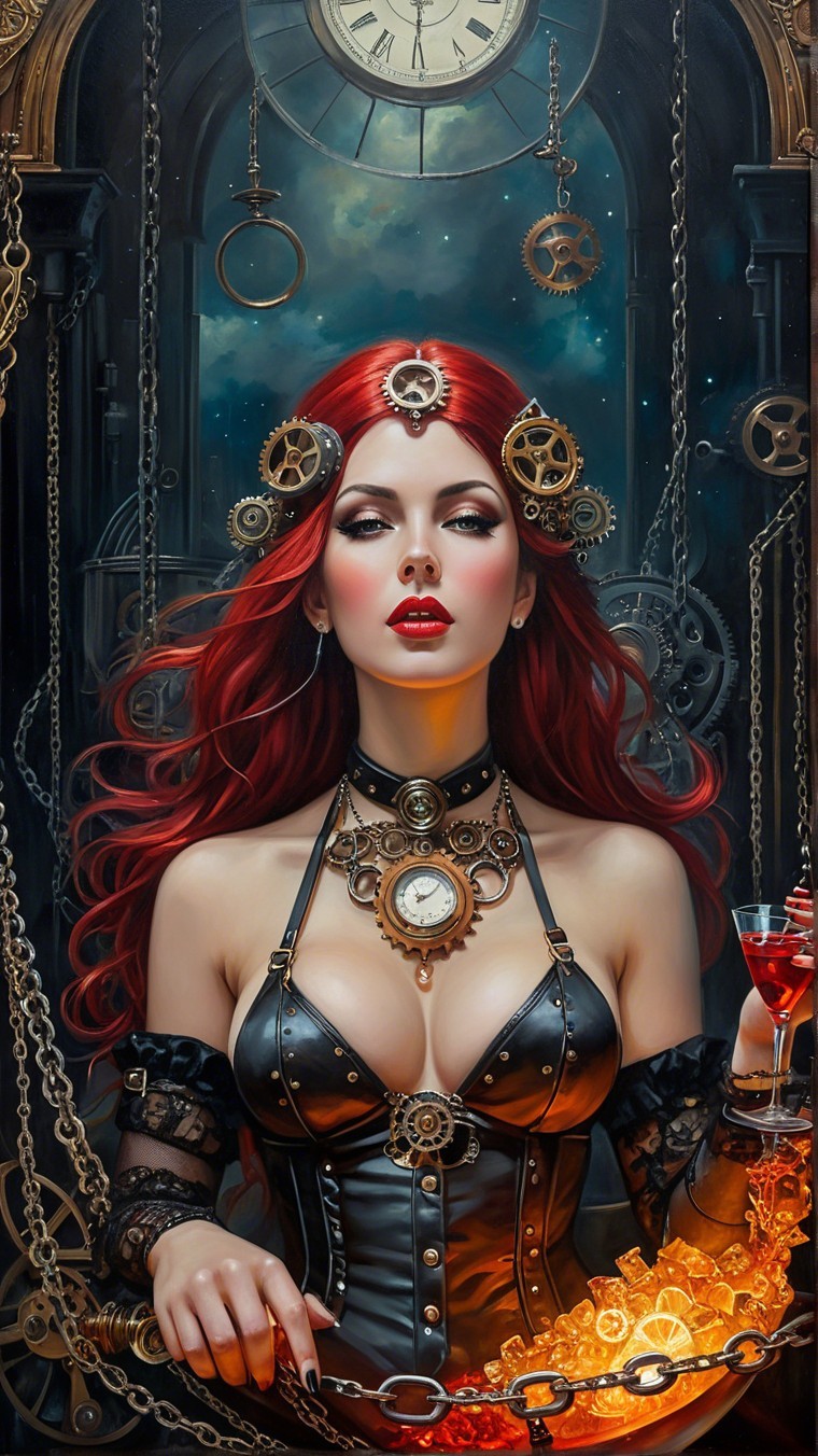 Steampunk Woman with Red Hair and Clockwork Elements