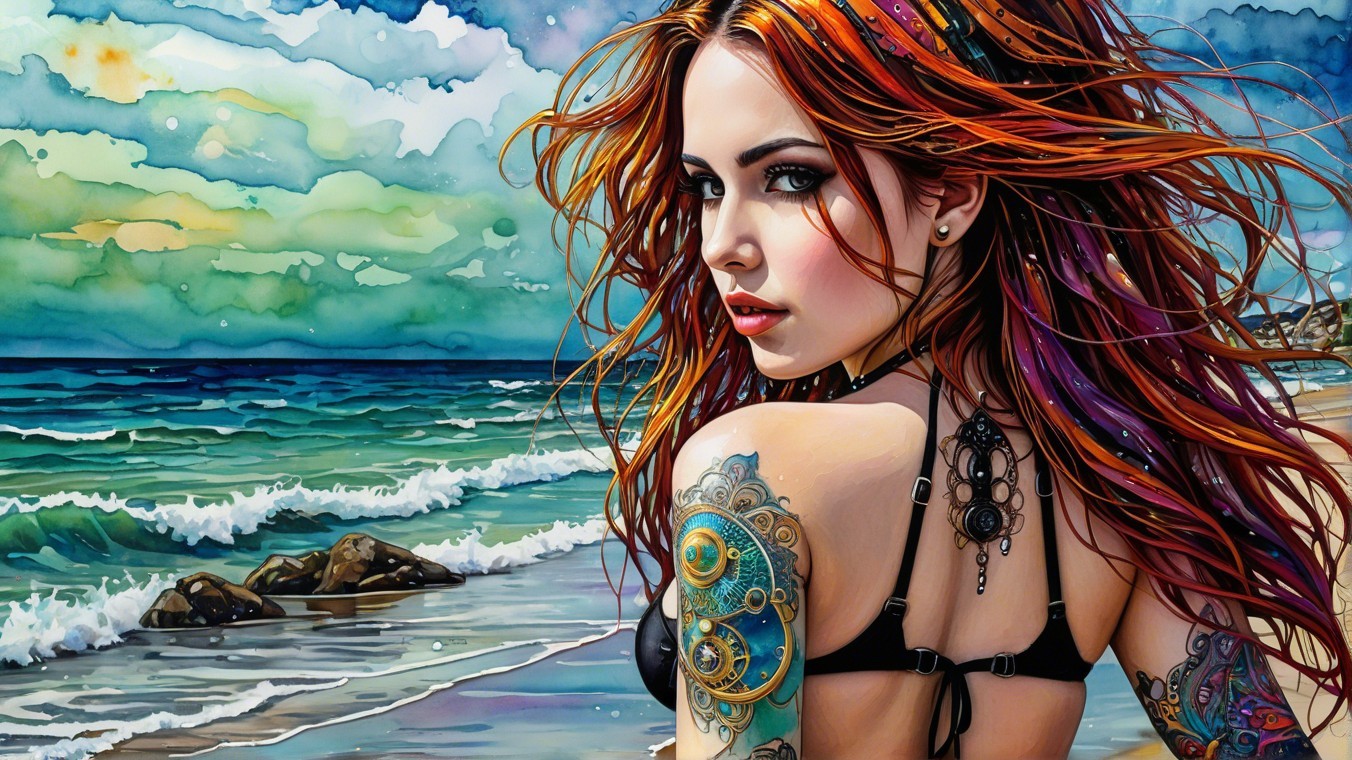 Vibrant portrayal of woman by the shore with tattoos