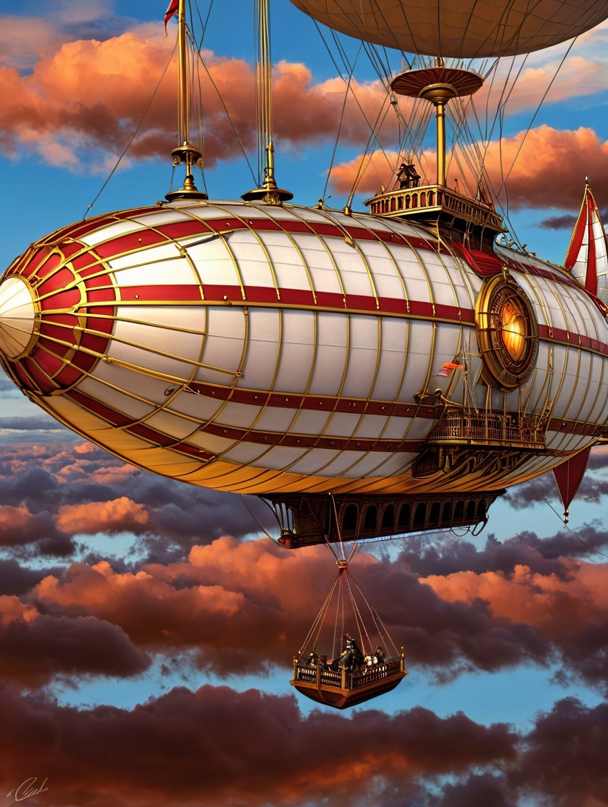 Majestic Steampunk Airship in Vibrant Sunset Sky