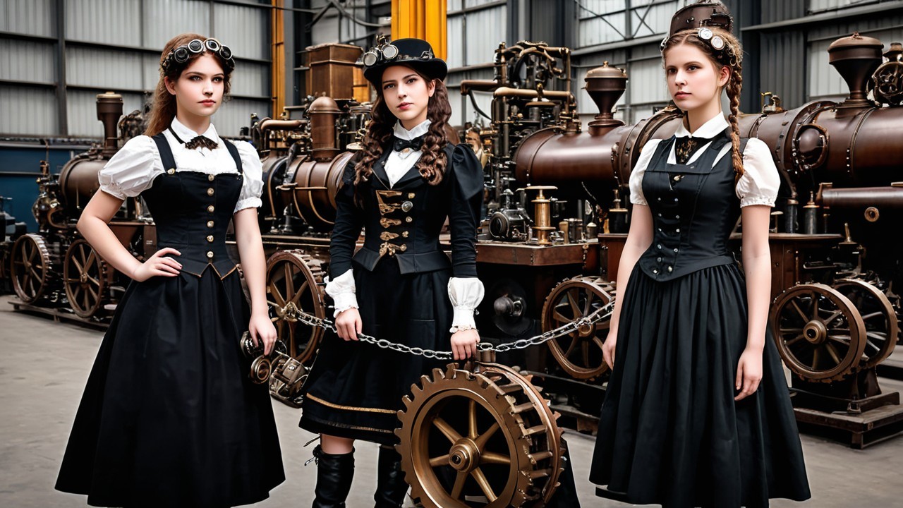 Elegant Women in Steampunk Industrial Setting