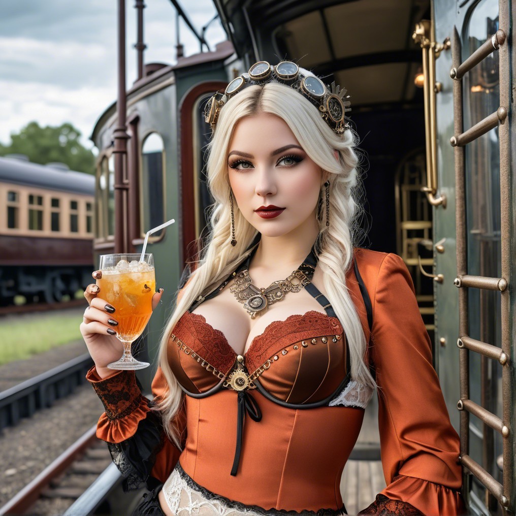 Fashionable Woman in Steampunk Style by Vintage Train