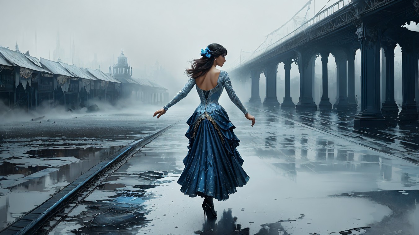Elegant Woman in Blue Gown on Misty Street
