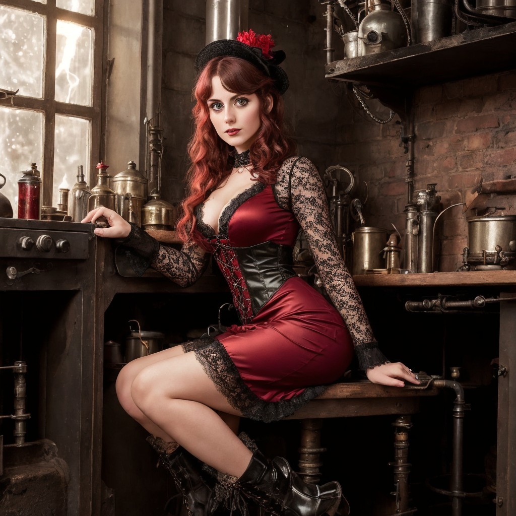 Woman in red dress in vintage steampunk workshop