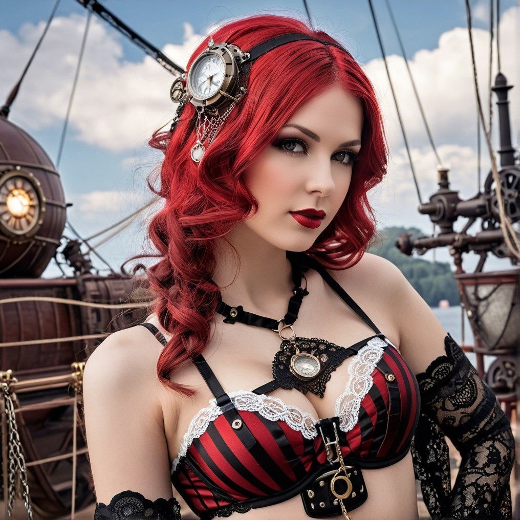 Young Woman in Steampunk Outfit with Ship Backdrop