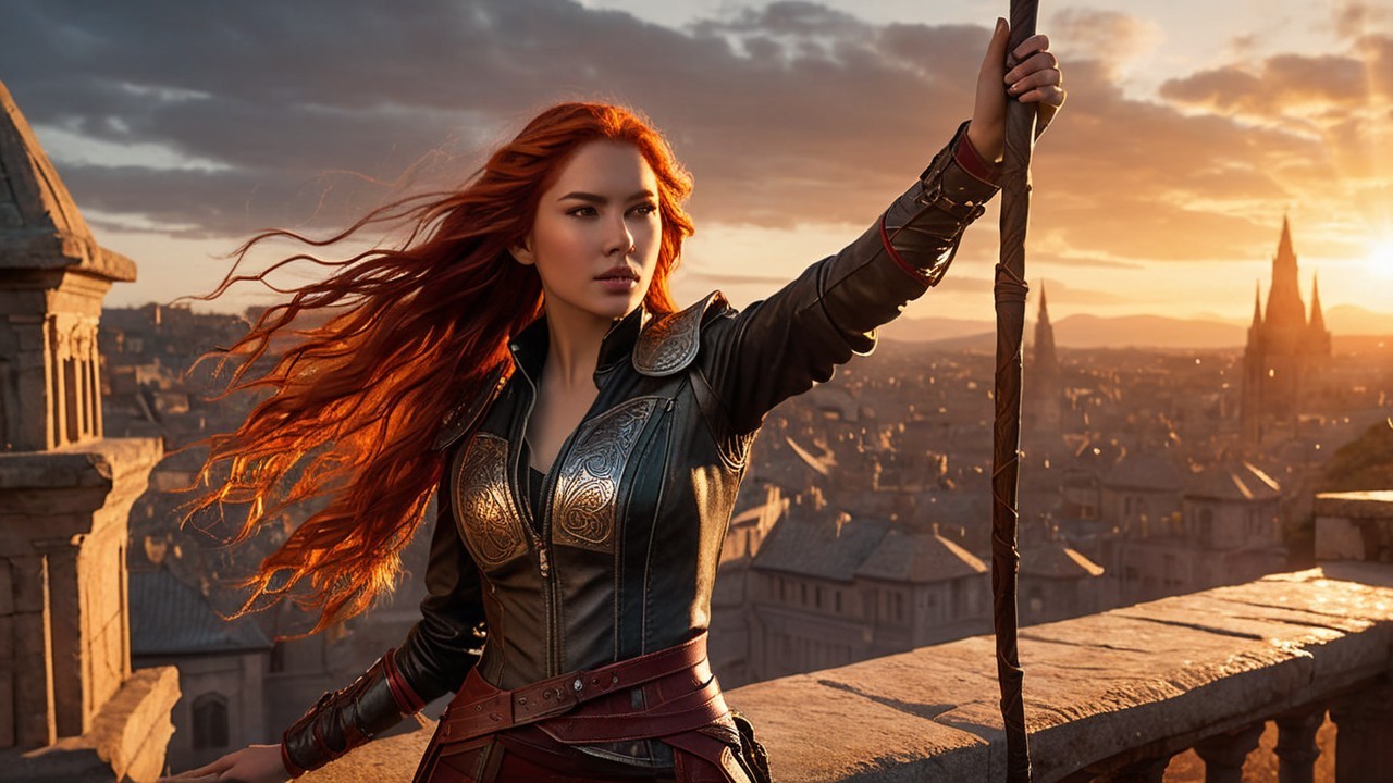 Warrior on Balcony Overlooking Medieval City at Sunset