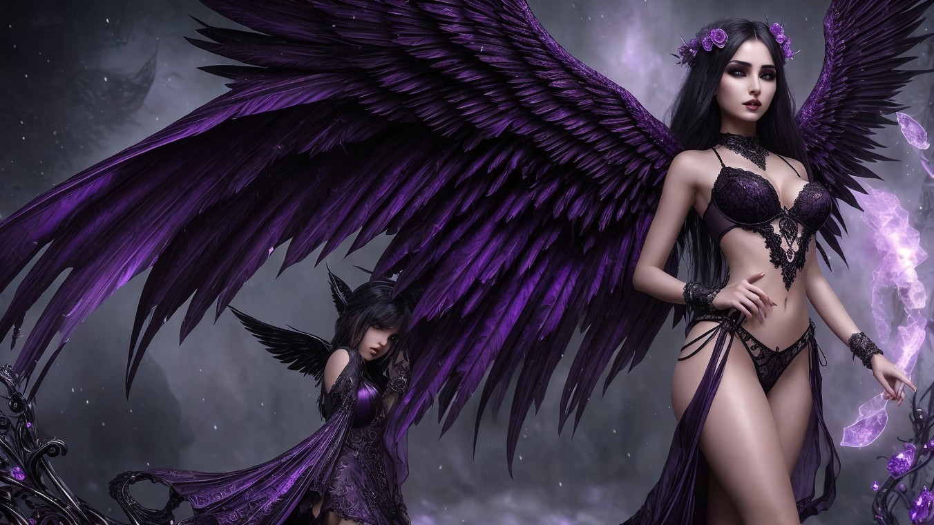 Ethereal Figures with Purple Wings in Dark Lingerie