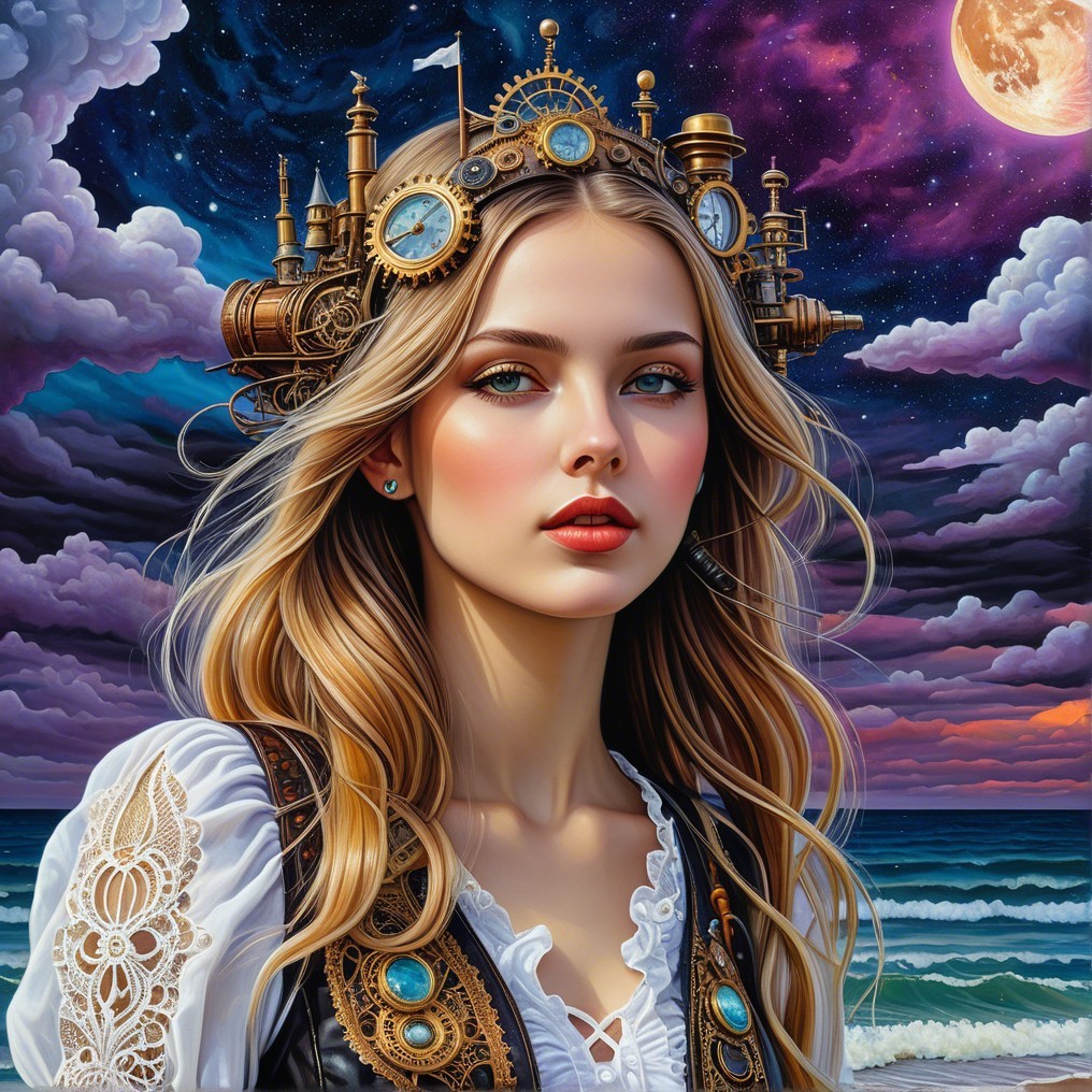 Young Woman in Steampunk Crown with Dramatic Background