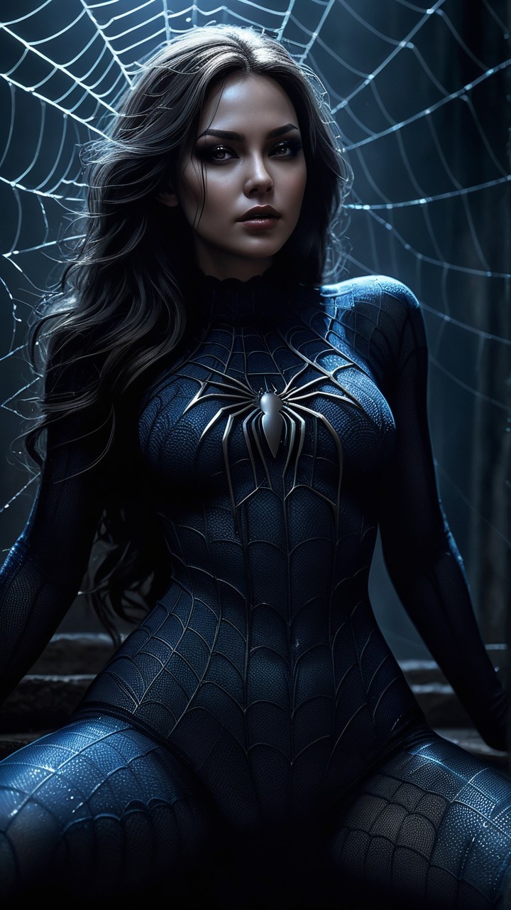 Mysterious Figure in Black Suit Against Web Backdrop