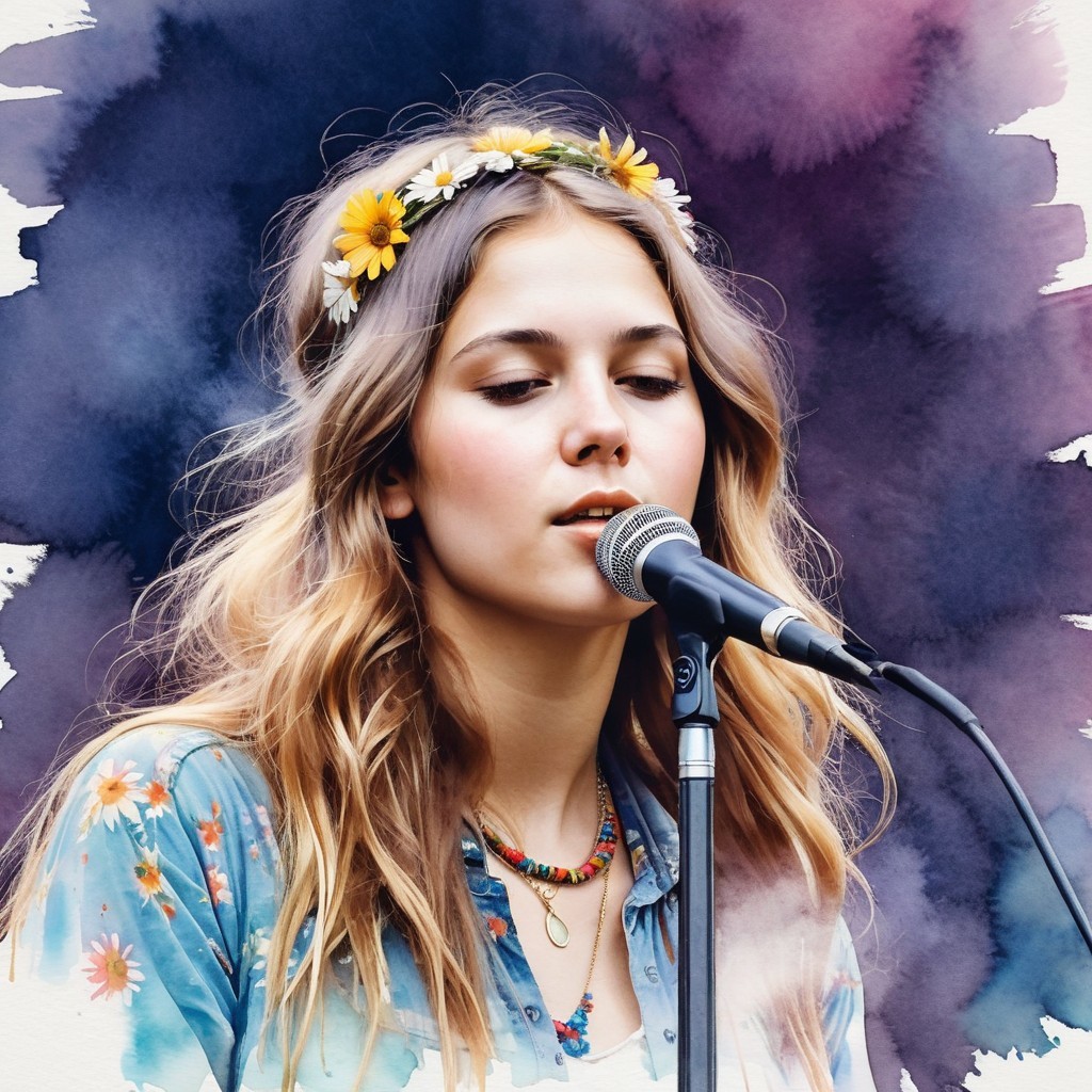 Young Woman Singing with Floral Crown and Colorful Shirt
