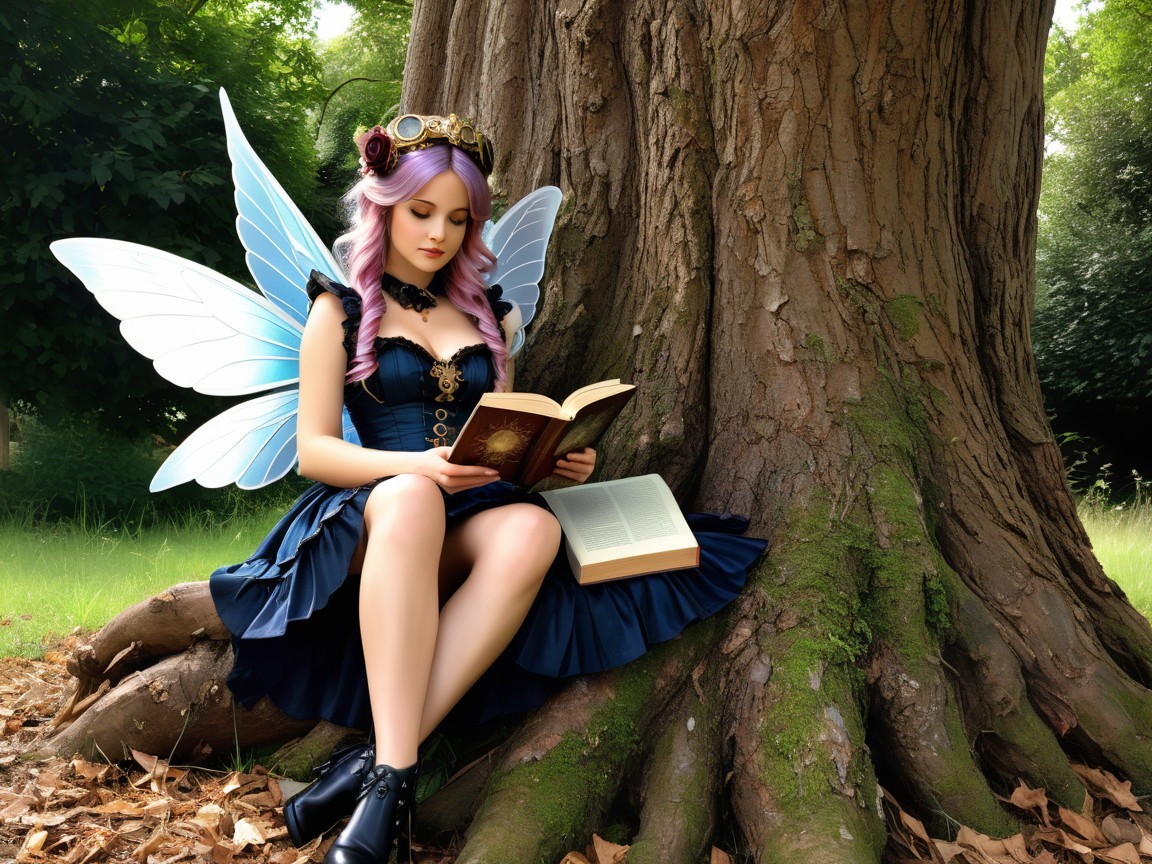 Steampunk Fairy Reading in a Mossy Forest Setting
