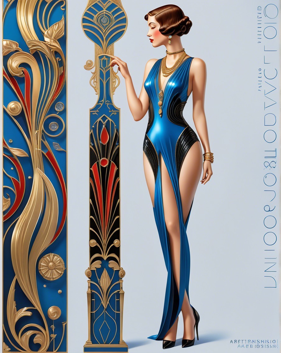 Glamorous Woman in Blue Gown by Ornate Pillar