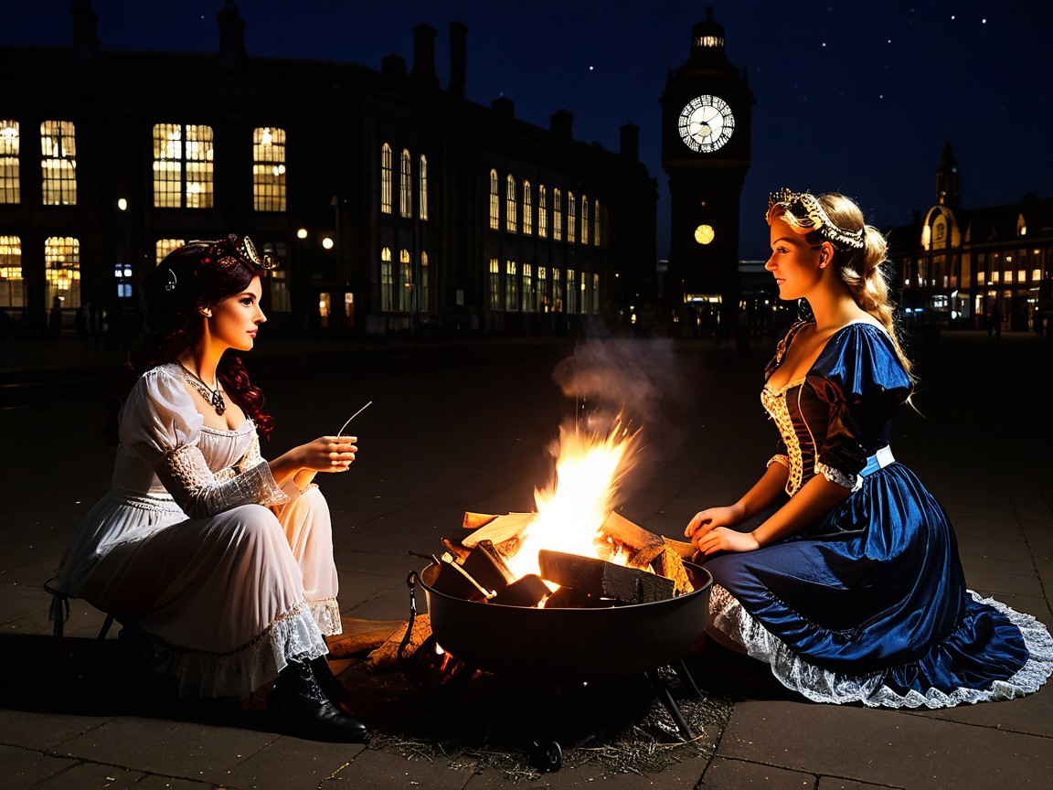Elegant Women by Campfire Under Night Sky