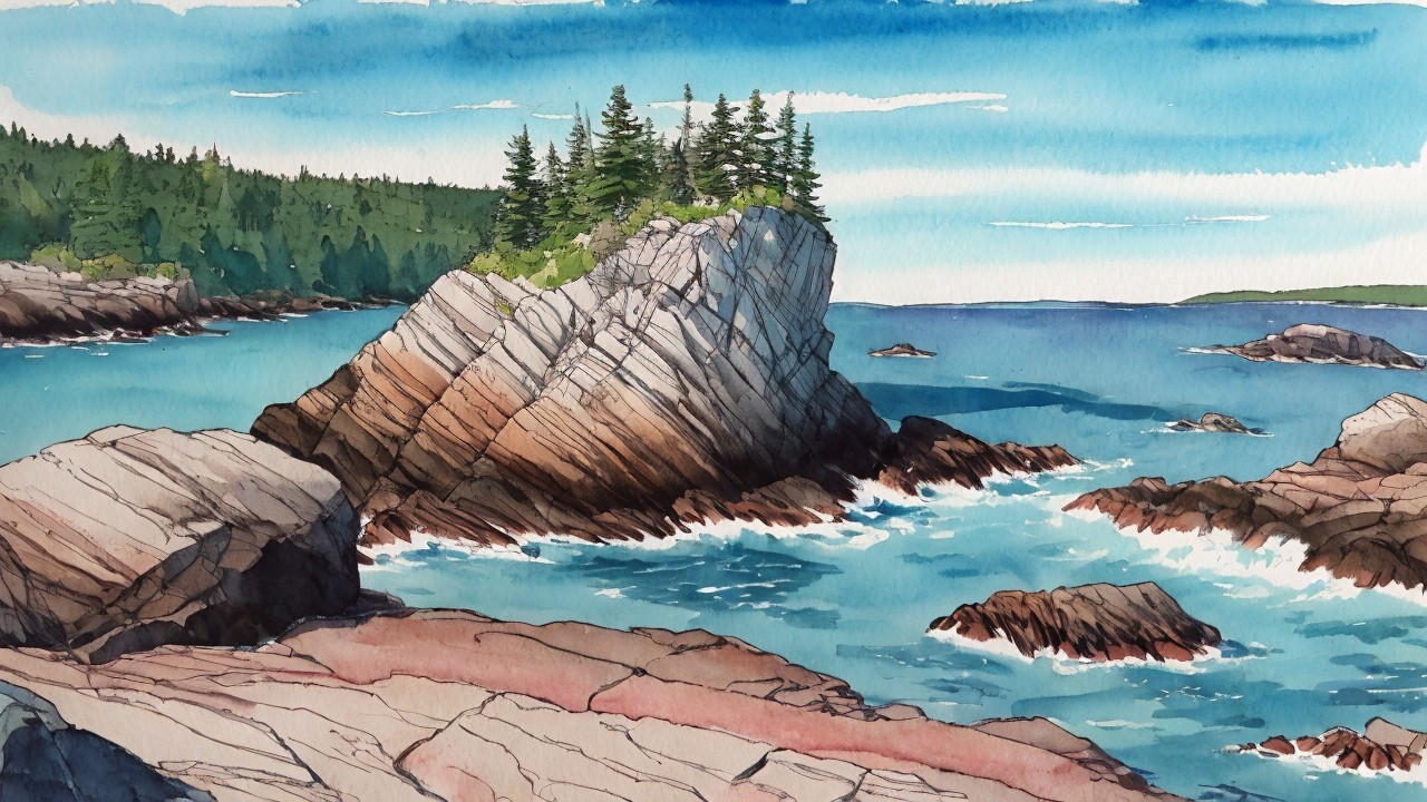 Serene Coastal Landscape with Rocky Outcrop and Pines