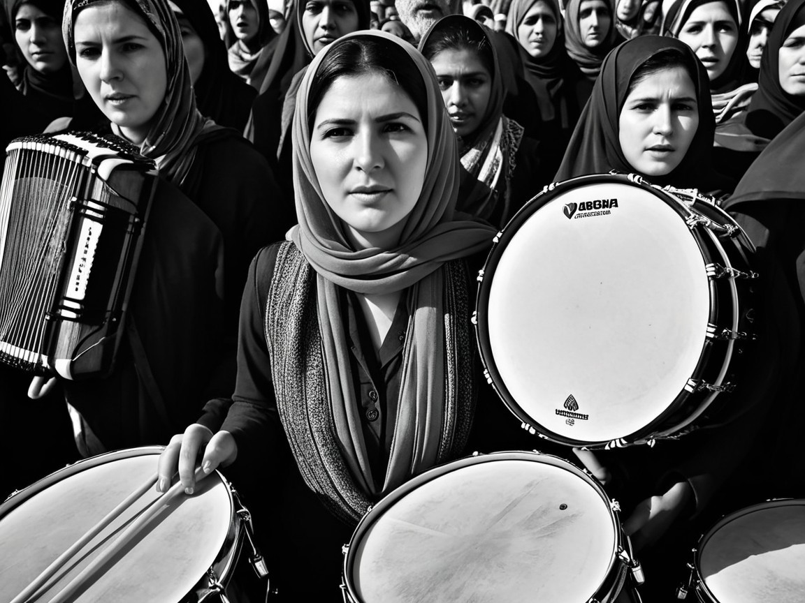 Women with Drums in Black and White Photograph